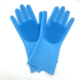 1 Pair Dishwashing Cleaning Gloves Magic Silicone Rubber Dish Washing Glove For Household Scrubber Kitchen Clean Tool Scrub (Color: Blue, size: 1 Pair)